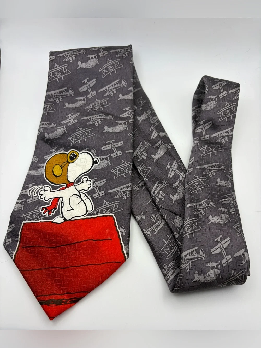 Peanuts Snoopy Flying Ace Silk Tie Gray Airplane Aviation Necktie 3.5”